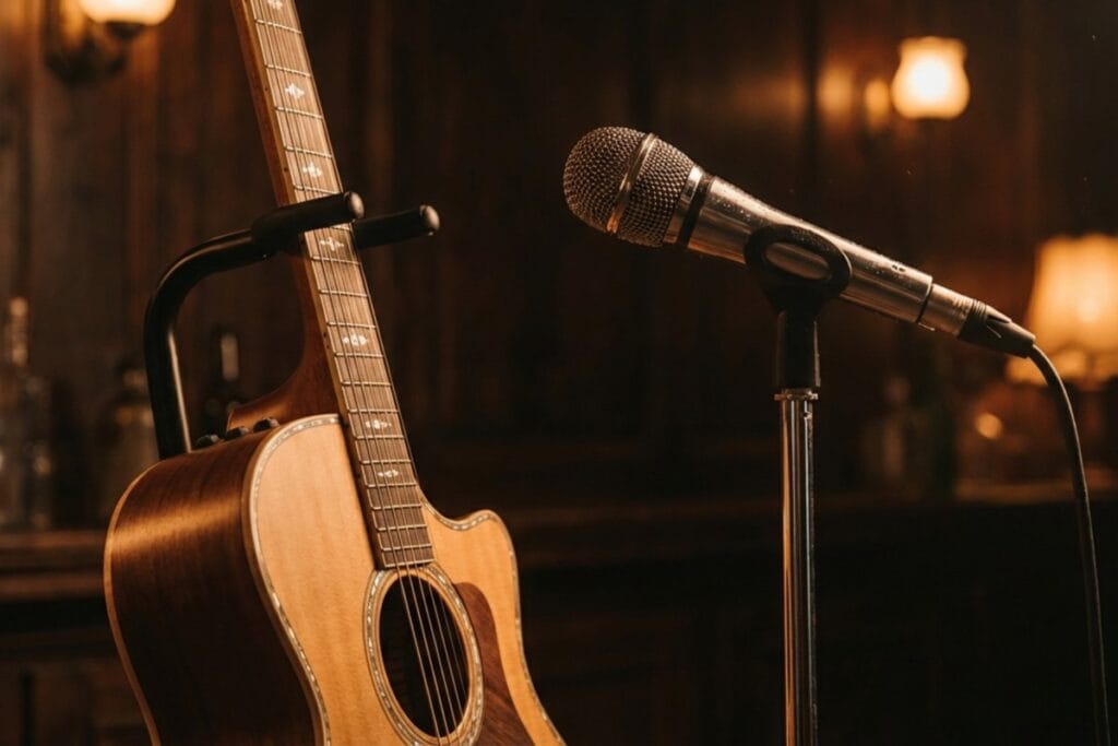 アコースティックギターとライブ用マイクスタンド。店内で演奏準備が整っている。