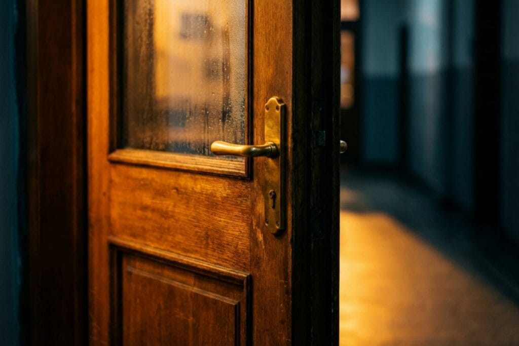 木製ドアのドアノブと通路。扉が半開きの状態になっている。