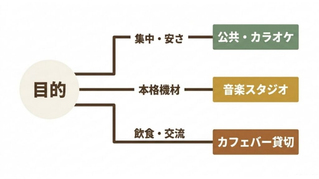 練習目的別に公共・カラオケ、音楽スタジオ、カフェバー貸切へ分岐する図解