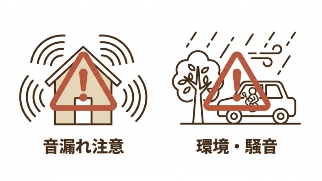住宅の音漏れ注意と屋外・車内練習における環境騒音リスクを左右に並べた注意喚起図