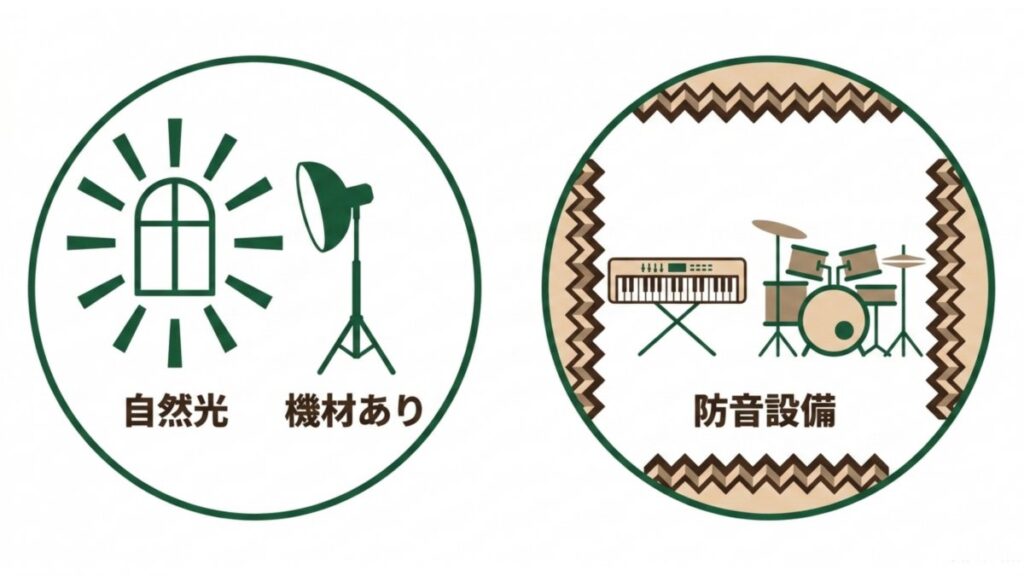 撮影スタジオの自然光と機材、防音設備と楽器利用の条件を左右に分けたレンタルスペース解説図