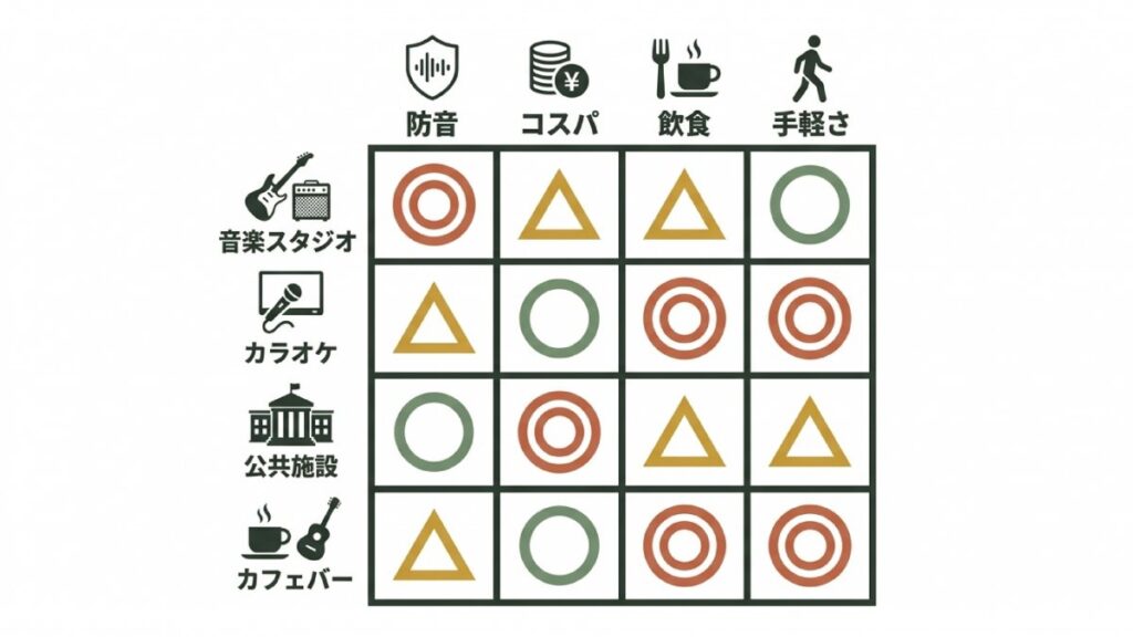 音楽スタジオ・カラオケ・公共施設・カフェバーを防音や飲食で比較した表。