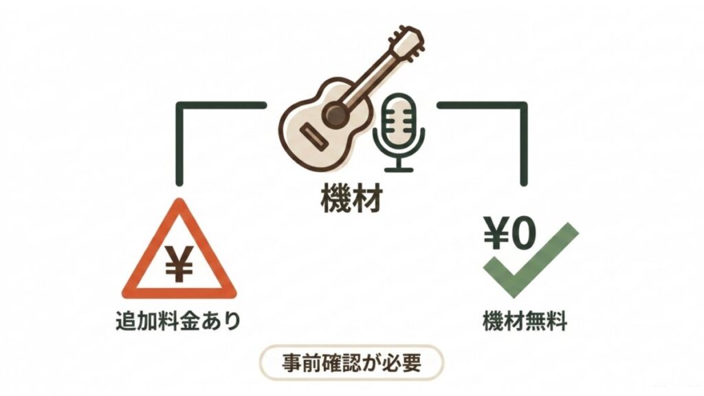 ギターやマイクなどの機材について、追加料金と無料貸出を比較した事前確認の図解