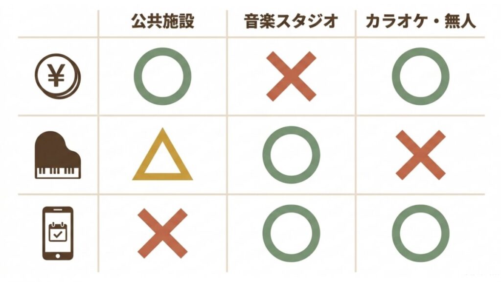公共施設、音楽スタジオ、カラオケ・無人スペースの料金と常設設備を比較する表