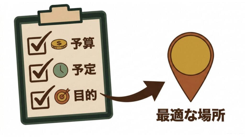 予算・予定・目的の確認項目から、最適な楽器練習場所の選択へ進む流れの図解