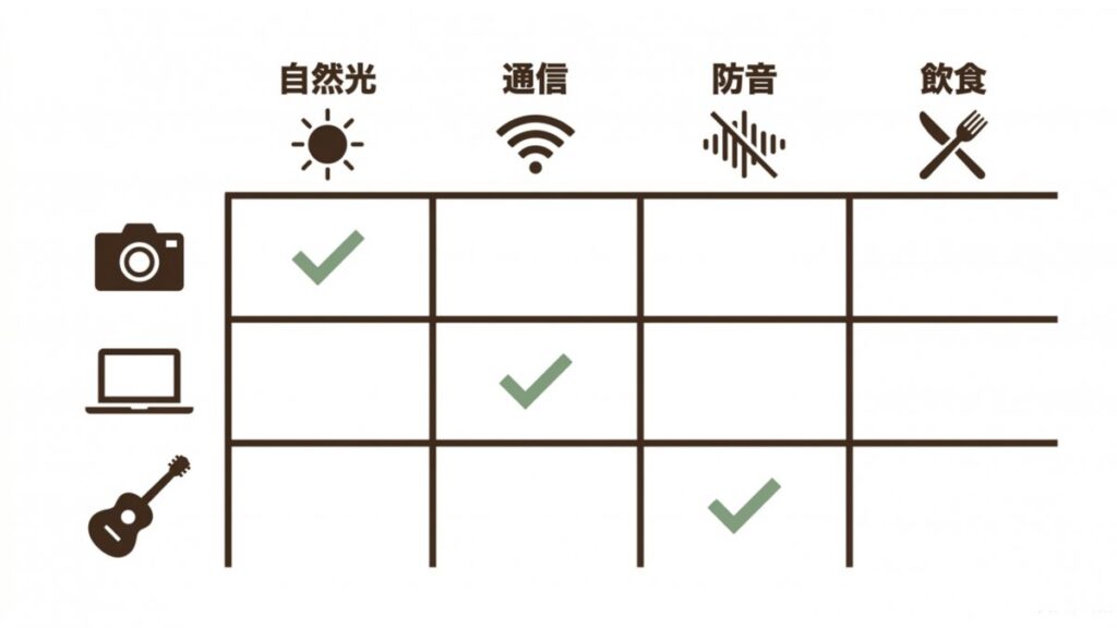 渋谷のレンタルスペース利用目的別に、自然光、通信、防音、飲食の確認項目を整理した比較表