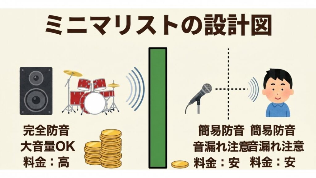完全防音の音楽スタジオと簡易防音スペースの音量・料金の違いを示す図解。