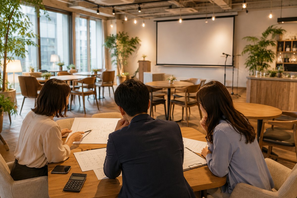 同窓会の幹事がやることを会場で確認する準備風景
