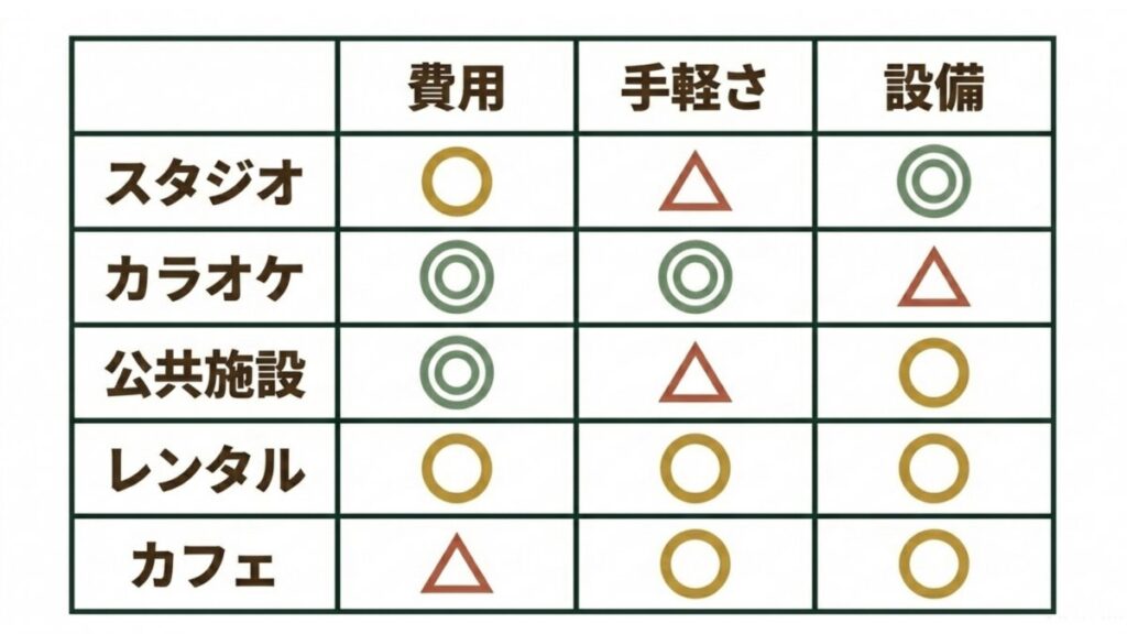 スタジオ・カラオケ・公共施設・レンタル・カフェを費用、手軽さ、設備で比べた比較表