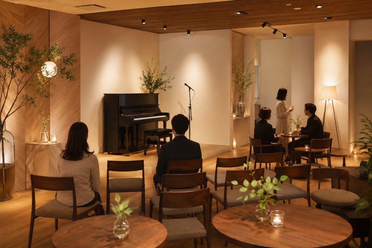少人数の音楽発表会会場でピアノ演奏と交流を楽しむ様子
