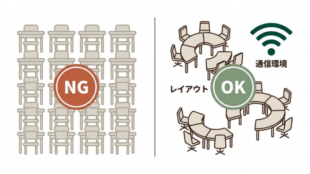 イベントスペースの机配置変更と通信環境を比べ、会場レイアウトの可否を示すレンタルスペース解説図