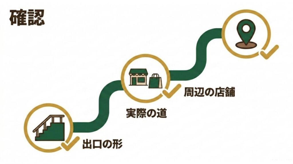渋谷駅周辺の出口の形、実際の道、周辺店舗、目的地確認を順に並べたレンタルスペースアクセス図